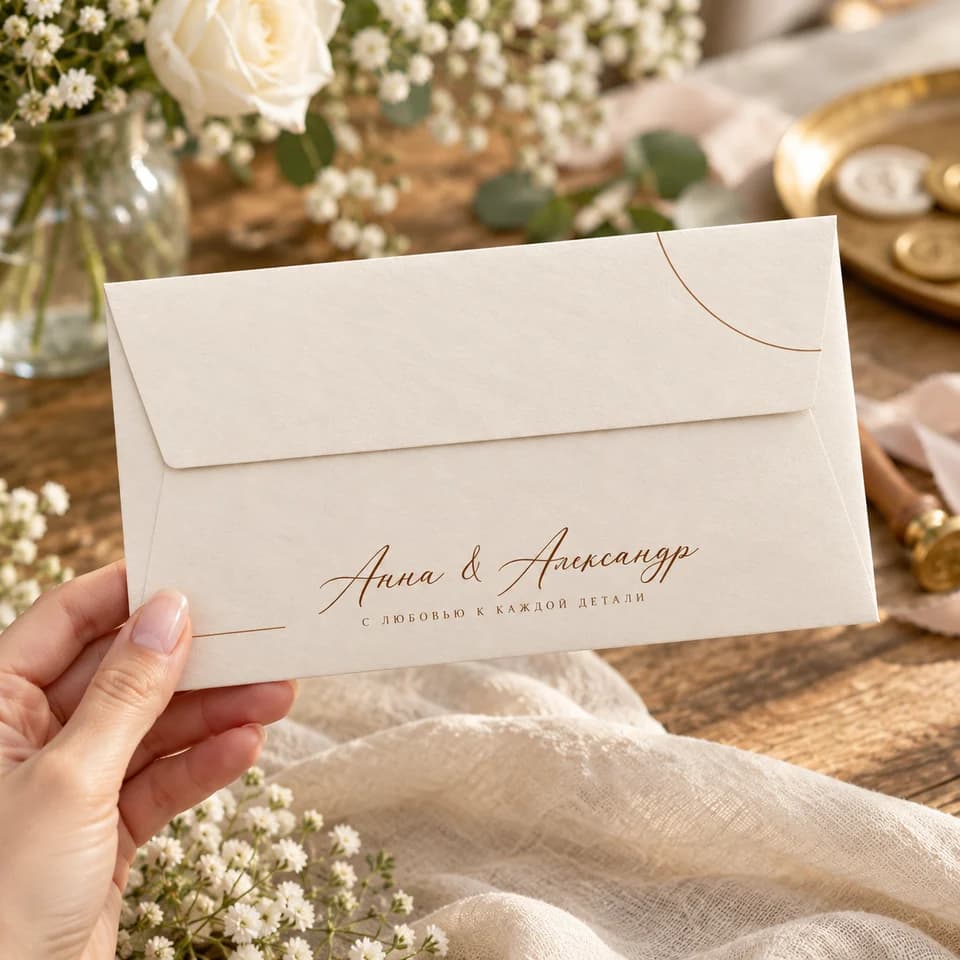 Invitation envelope: the design held in a hand, natural light and a softly blurred background. AI visualization.