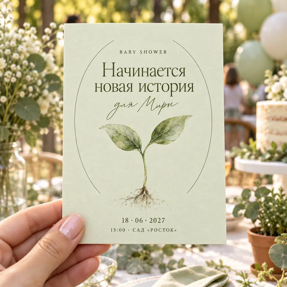 Первый росток: макет в руке, естественный свет и размытый фон. AI-визуализация.