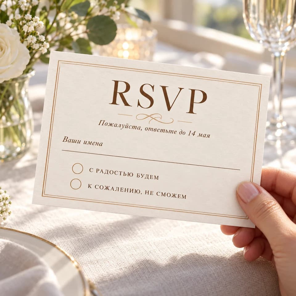 RSVP card: the design held in a hand, natural light and a softly blurred background. AI visualization.